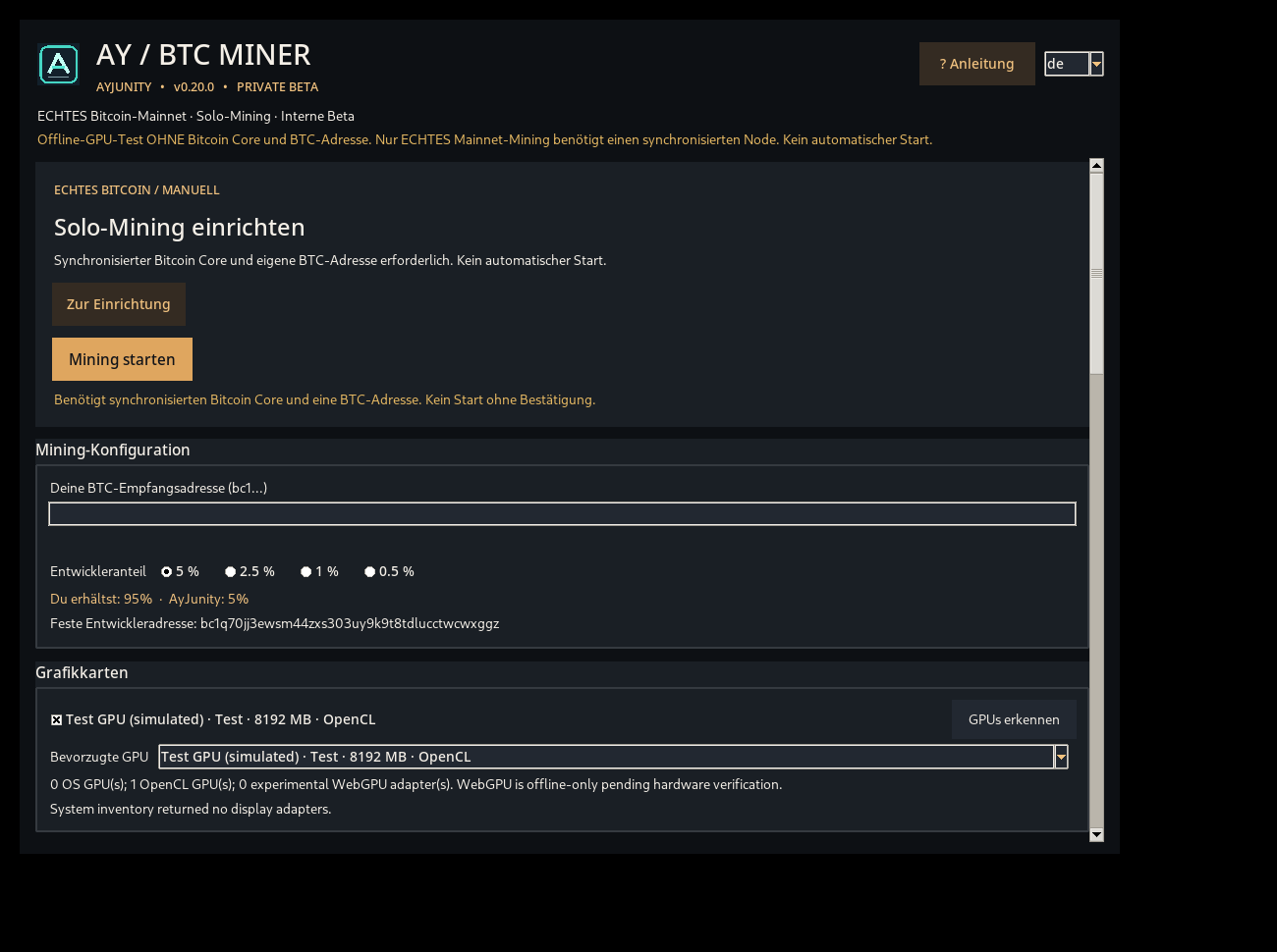 Ay BTC Miner v0.20 (simulierte GPU; Vorschau)